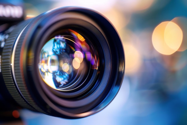 Zbliżenie obiektywu kamery i niewyraźne tło Zbliżenie szczegółów profesjonalnego aparatu fotograficznego