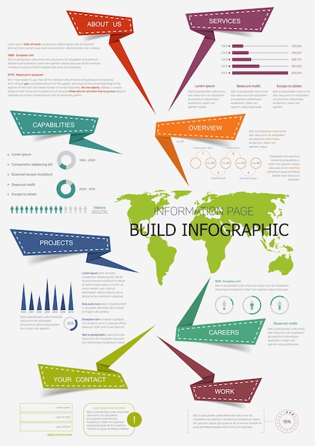 Zbuduj Infografikę Z Mapą świata. Strona Informacyjna Prezentacji Z Wykresem Kołowym, Diagramem Kroków I Wykresami Słupkowymi, Układ Tekstu Z Nagłówkiem Strzałki Origami. Projekt Prezentacji Biznesowej