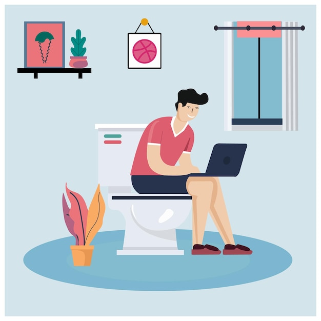 Zdalna praca Człowiek na laptopie w toalecie Digital Nomad Concept Freelancer Graphic