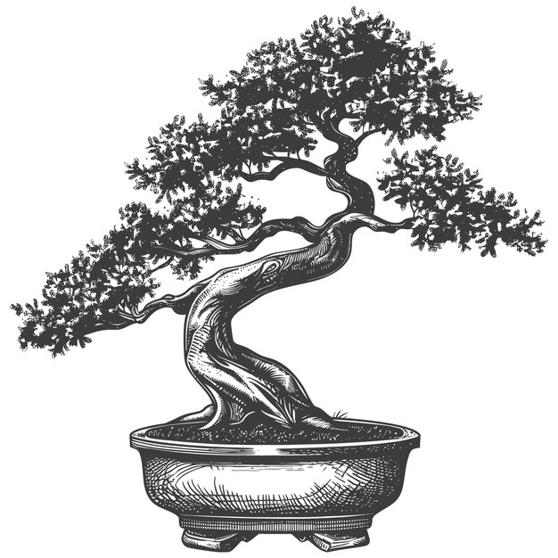 Plik wektorowy zdjęcia drzew bonsai w starym stylu grawerowania tylko czarny kolor ciała