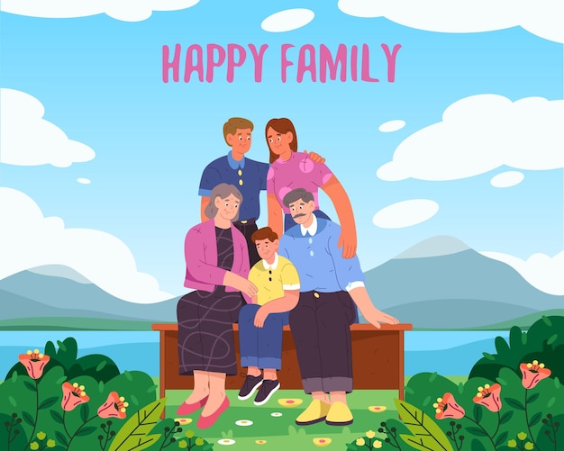 Plik wektorowy zdjęcie rodzinne wektorowe fotografii kreskówki na świeżym powietrzu lub szczęśliwy portret rodziny