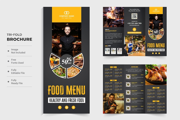 Wektor zdrowe jedzenie w restauracji ulotka menu i szablon broszury wektor na ciemnym tle lista menu restauracji potrójny składany projekt broszury ze zdjęciami zastępczymi kreatywny szablon reklamy kulinarnej
