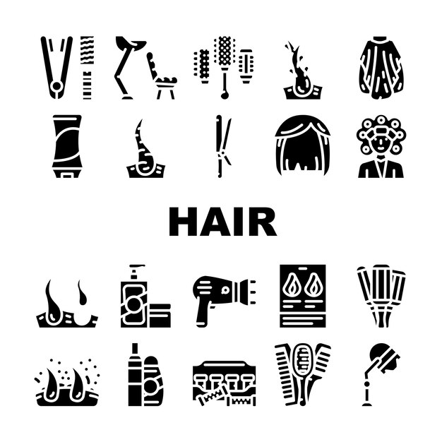 Plik wektorowy zdrowe leczenie włosów kolekcja ikony zestaw wektor papeterii suszarka do włosów i łupież szampon i balsam do włosów termo lokówki i peruka glif piktogramy czarne ilustracje
