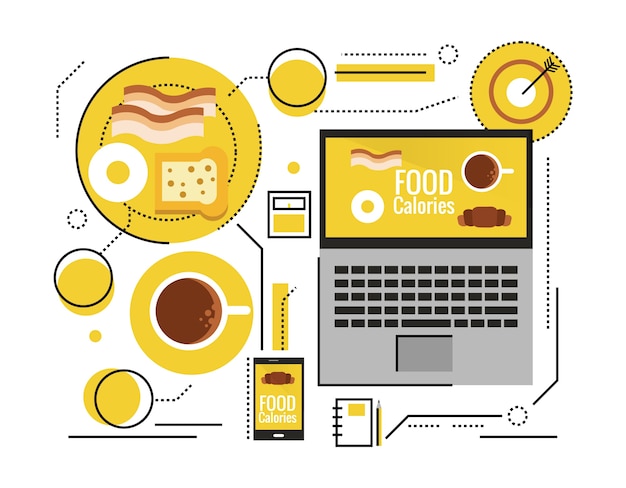 Zdrowe Odżywianie, Witaminy, Dieta, Koncepcja Technologii. Liczenie Kalorii Przez Inteligentne Urządzenie. Płaskich Cienkich Elementów Konstrukcyjnych. Ilustracji Wektorowych