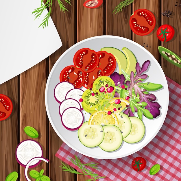 Plik wektorowy zdrowy posiłek z miską do sałatek ze świeżych warzyw