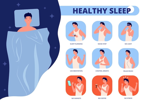 Zdrowy Sen. Wskazówki Dotyczące Dobrego Snu, Infografika O Dobrej Nocy Relaksu. Zasady Przed Snem Lub Wskazówki, Człowiek W łóżku Bezsenność Ilustracji Wektorowych. Porady Zalecają Lepszy Sen I Sen, Bez Stresu