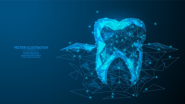 Zdrowy ząb z korzeniami wyrastającymi spod dziąseł. Szczegółowa koncepcja stomatologiczna, higiena jamy ustnej. Innowacyjna medycyna i technologia. 3d model szkieletowy low poly ilustracja.