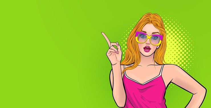 Zdumiony młoda kobieta wow w okularach wskazując coś w stylu komiksów pop-artu.