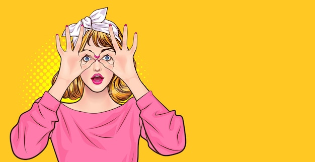 Zdziwiona kobieta, która kształtuje okulary w stylu retro pop-artu w stylu komiksowym