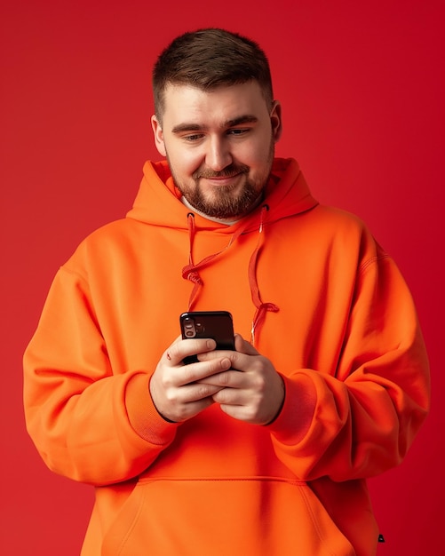 Zdziwiony Emocjonalny Młody Człowiek Ubrany W Pomarańczowy Kaptur Z Iphone'em Na Czerwonym Tle
