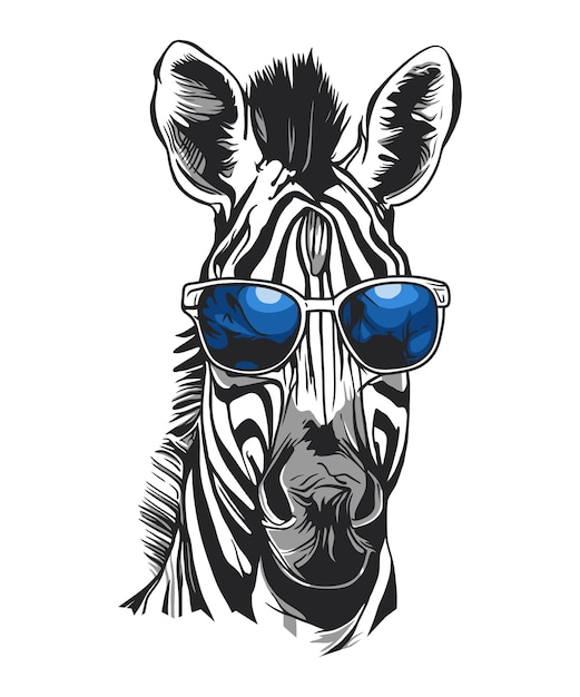 Zebra w niebieskich okularach przeciwsłonecznych z pewnym siebie wyrazem twarzy