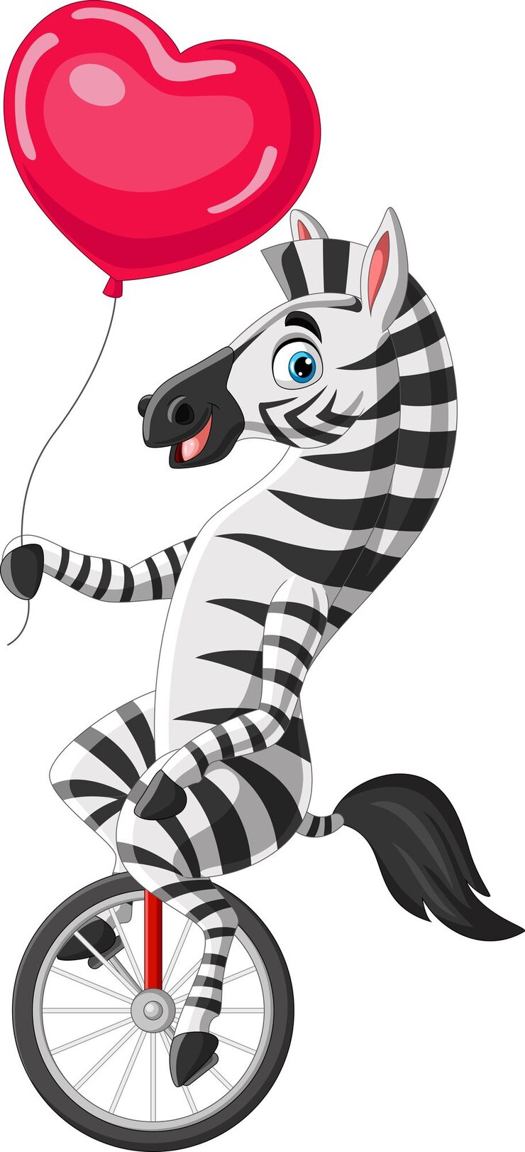 Wektor zebra z kreskówki na rowerze z jednym kołem trzymająca balon w kształcie miłości
