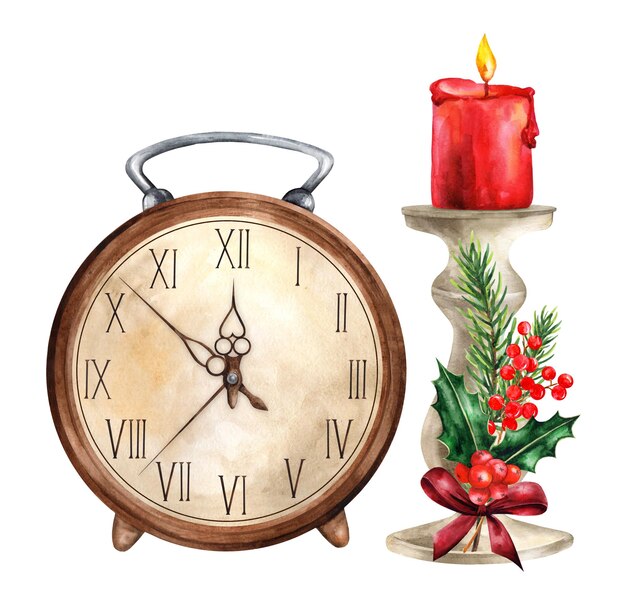 Plik wektorowy zegar vintage i świecznik z płonącą świecą z ozdobami bożonarodzeniowymi ilustracja akwarelowa