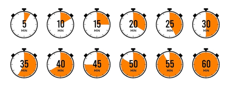 Wektor zegar, zegar, stoper na białym tle zestaw ikon. odliczanie 10, 20, 30, 40, 50, 60 minut.