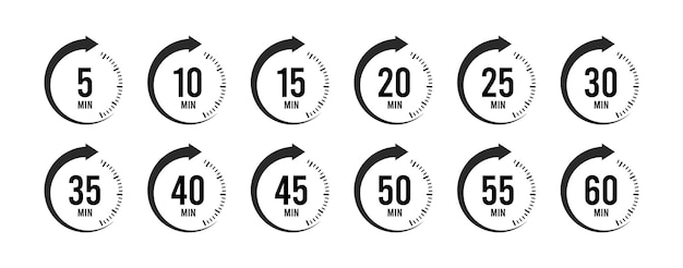 Plik wektorowy zegar, zegar, stoper na białym tle zestaw ikon. odliczanie 10, 20, 30, 40, 50, 60 minut.
