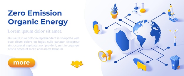 Zero Emisji I Energii Organicznej - Izometryczny Projekt W Modnych Kolorach Izometrycznych Ikon Na Niebieskim Tle. Szablon Układu Banera Do Tworzenia Stron Internetowych