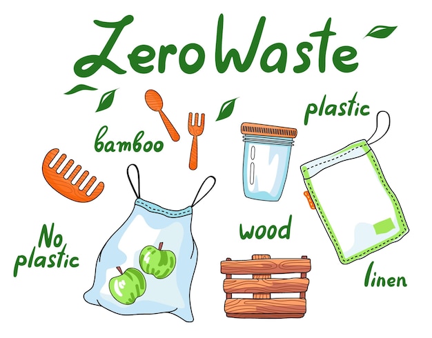 Plik wektorowy zero odpadów artykuły gospodarstwa domowego wielokrotnego użytku recykling materiałów organicznych ochrona przyrody bambus drewno szkło pościel bawełna eko torba bambusowa szczotka do włosów grzebień materiały przyjazne dla środowiska ratuj planetę