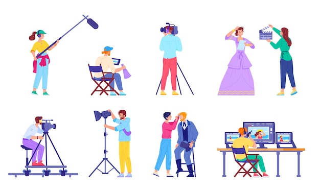 Zespół filmowy Personel filmowania profesjonalny proces filmowania kino produkcja telewizyjna ekipa filmowa filmowiec producent dźwięku wideo reżyser kamerzysta elegancki ilustracja wektorowa