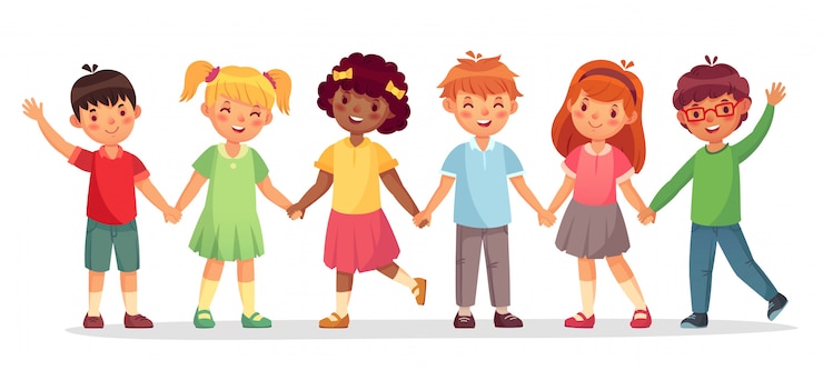 Wektor zespół happy kids. wielonarodowe dzieci, uczennice i chłopcy stoją razem trzymając ręce na białym tle ilustracji
