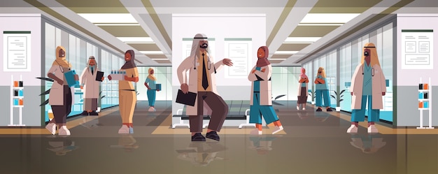 Zespół Lekarzy Arabskich W Mundurze Dyskusji Podczas Spotkania W Szpitalnym Korytarzu Medycyna Koncepcja Opieki Zdrowotnej Poziomej Pełnej Długości Ilustracji Wektorowych