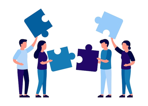 Zespół ludzi składający puzzle układanki Praca i partnerstwo biznesowe koncepcja mężczyzny i kobiety