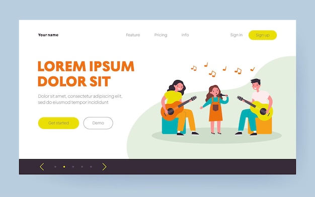 Zespół muzyczny dla dzieci. Dziewczyna śpiewa z mikrofonem, nastolatki grające na gitarze ilustracja wektorowa płaskie. Pokaz talentów, występ, koncepcja koncertu szkolnego na baner, projekt strony internetowej lub stronę docelową