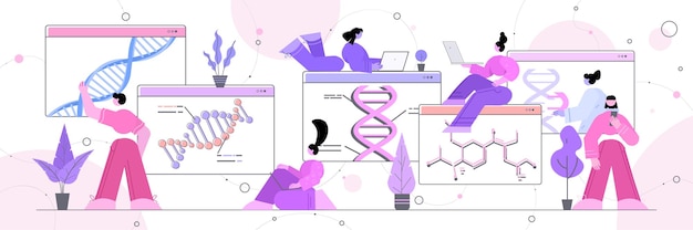 Zespół Naukowców Pracujący Z Dna W Oknach Przeglądarki Internetowej Badacze Przeprowadzający Eksperymenty W Internetowym Laboratorium Testowanie Dna Koncepcja Inżynierii Genetycznej