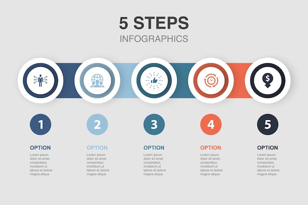 Zespół outsourcingu kompetencji, najlepsze praktyki, wydajność, zmniejszenie wydatków ikony Szablon układu projektu infografiki Koncepcja kreatywnej prezentacji z 5 krokami