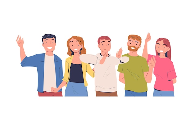 Zespół postaci szczęśliwych ludzi stojących razem machających ręką i uśmiechających się ilustracji wektorowych Radowali się Młody mężczyzna i kobieta czują się pozytywnie