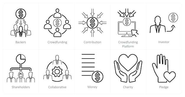 Zestaw 10 ikon crowdfundingu jako sponsorów crowdfunding conttibution