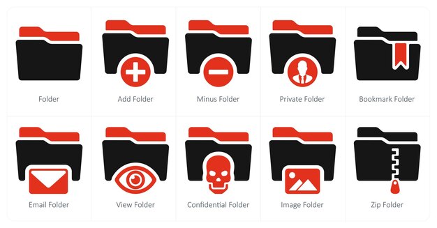 Zestaw 10 ikon folderu jako folder dodać folder minus folder