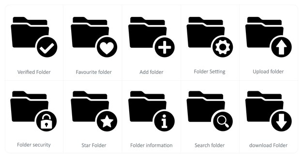 Zestaw 10 ikon folderu jako zweryfikowany folder ulubiony folder dodać folder