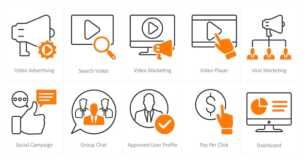 Zestaw 10 ikon mieszania jako reklamy wideo wyszukiwania wideo marketingu wideo