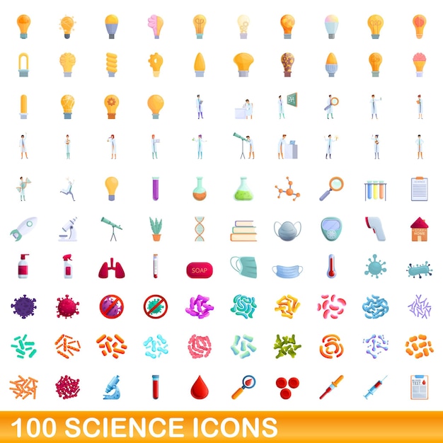 Zestaw 100 Ikon Nauki. Ilustracja Kreskówka 100 Ikon Nauki Wektor Zestaw Na Białym Tle