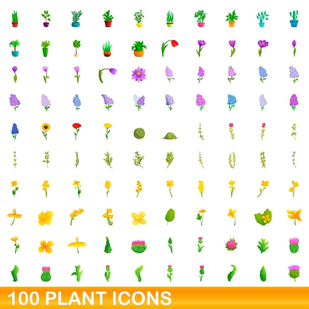 Zestaw 100 Ikon Roślin. Ilustracja Kreskówka 100 Ikon Roślin Wektor Zestaw Na Białym Tle