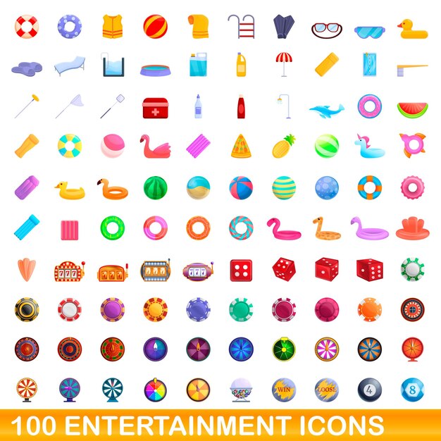 Zestaw 100 ikon rozrywki. Ilustracja kreskówka 100 ikon rozrywki wektor zestaw na białym tle