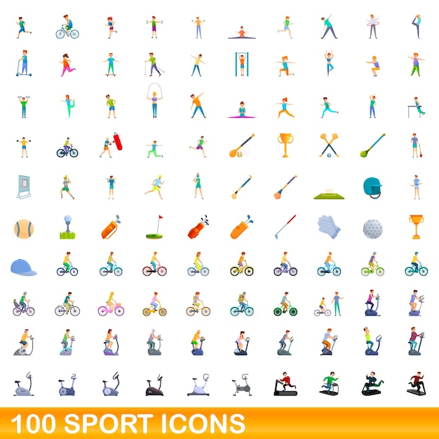 Zestaw 100 Ikon Sportu. Ilustracja Kreskówka 100 Ikon Sportu Wektor Zestaw Na Białym Tle