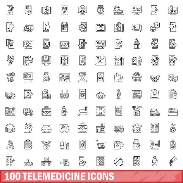 Zestaw 100 Ikon Telemedycyny Zarys Ilustracji 100 Ikon Telemedycyny Wektor Zestaw Izolowany Na Białym Tle