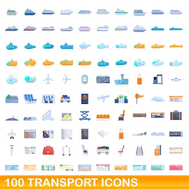 Zestaw 100 Ikon Transportu. Ilustracja Kreskówka 100 Ikon Transportu Wektor Zestaw Na Białym Tle