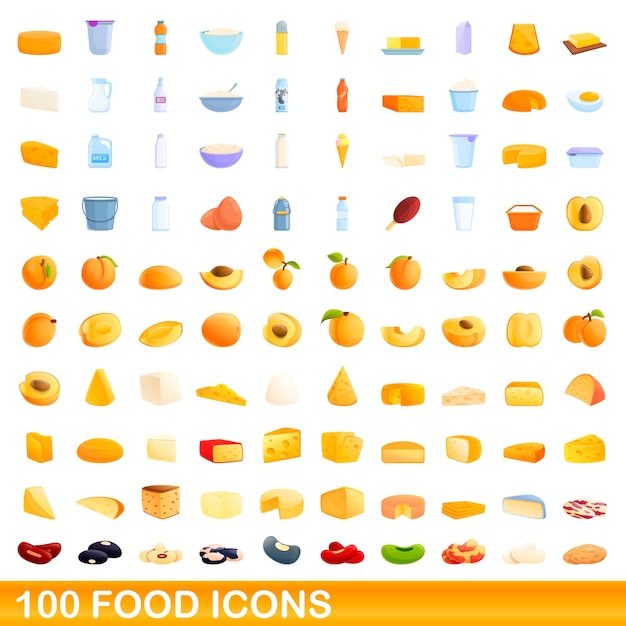 Zestaw 100 Ikon żywności. Ilustracja Kreskówka 100 Ikon żywności Ustawionych Na Białym Tle