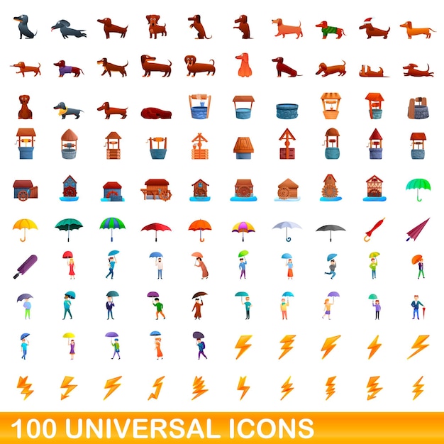 Zestaw 100 Uniwersalnych Ikon. Ilustracja Kreskówka 100 Uniwersalnych Ikon Wektorowych Zestaw Na Białym Tle