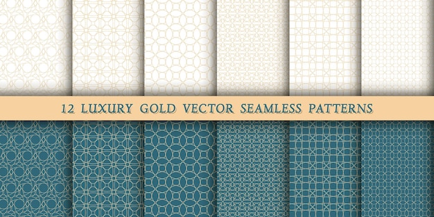 Zestaw 12 Luksusowych Geometrycznych Złotych Wzorów Do Drukowania I Projektowania Złotych Linii Na Białym I Zielonym Szmaragdowym Tle Nowoczesne I Stylowe Wzory