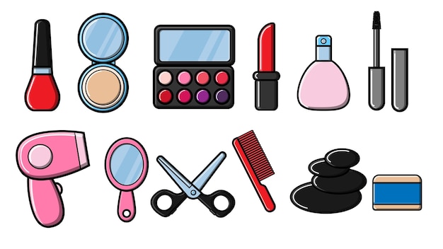 Zestaw 12 pięknych płaskich ikon modnych, czarujących przedmiotów kosmetycznych, suszarki do włosów, grzebienia szminki