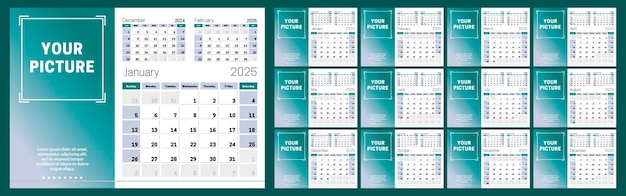 Zestaw 12 Poziomych Stron Kalendarza Na Rok 2025 Ze Zdjęciem Szablon Projektu Tydzień Zaczyna Się W Niedzielę