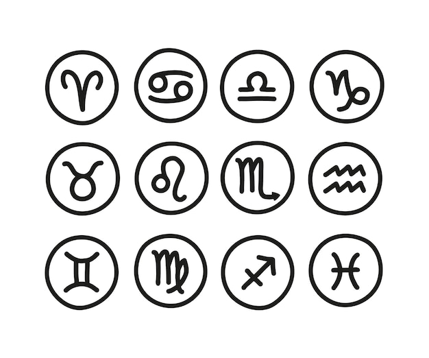 Zestaw 12 znaków zodiaku doodle z czarnymi kółkami