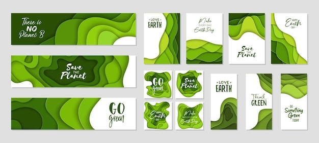 Zestaw 14 abstrakcyjnych kształtów wyciętych z papieru ekologicznego Dnia Ziemi Dynamiczne fale płynne Zielone sztandary
