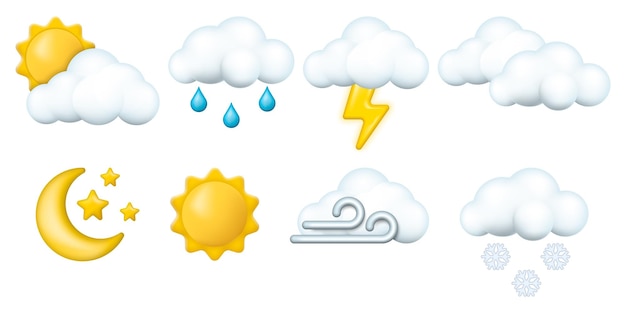 Plik wektorowy zestaw 3d render meteorologii ikony warunki pogodowe i różne ikony prognozy