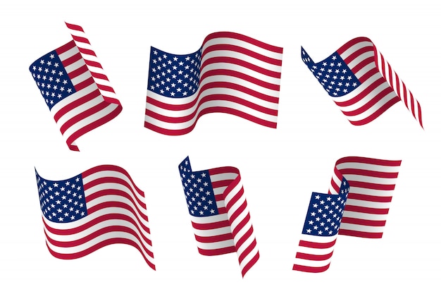 Zestaw 3d usa macha flagą. Pojedynczo na białym