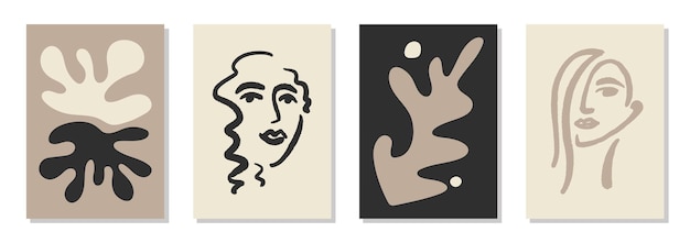 Zestaw 4 plakatów ściennych inspirowanych Matisse, broszur, szablonów ulotek kolaż Organic line abstract
