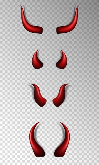 Plik wektorowy zestaw 4 realistycznych trójwymiarowych rogów diabła czerwone błyszczące rogi demona na przezroczystym tle